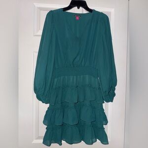 Vince Camuto balloon sleeve tiered ruffle dress in a dark green